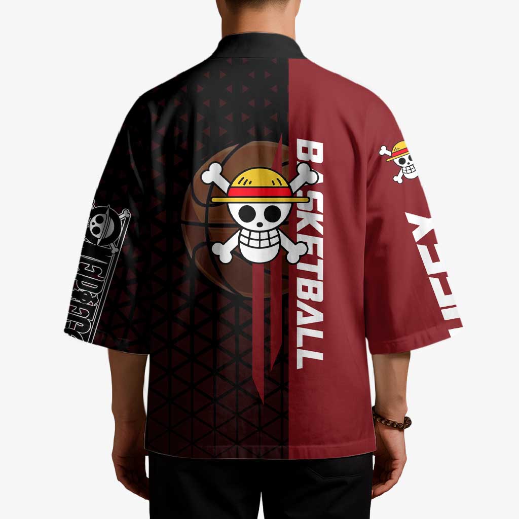 Luffy One Piece Basketball Theme Red and Black Design Kimono with Straw Hat Pirate Logo and Sports Pose - The Mazicc