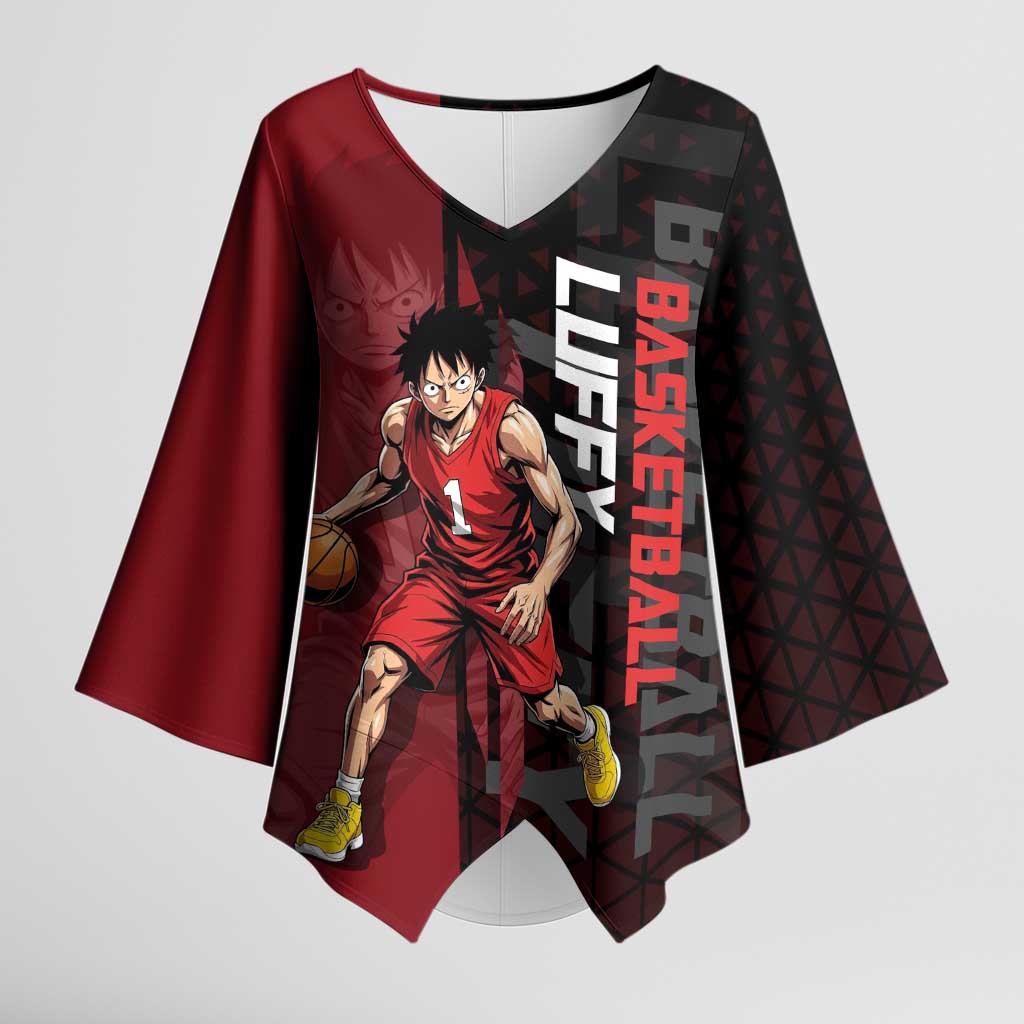 Luffy One Piece Basketball Theme Red and Black Design Kimono Sleeve Blouse with Straw Hat Pirate Logo and Sports Pose - The Mazicc