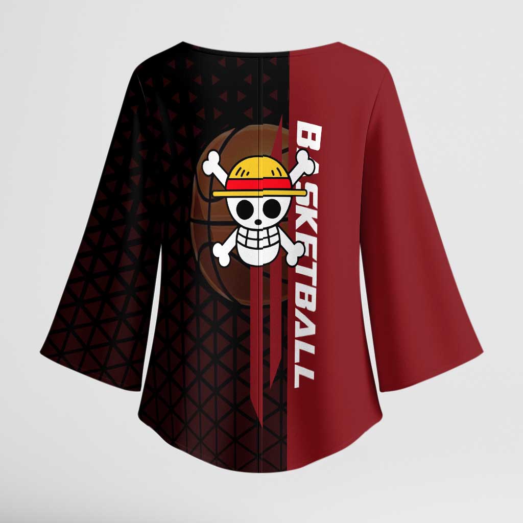 Luffy One Piece Basketball Theme Red and Black Design Kimono Sleeve Blouse with Straw Hat Pirate Logo and Sports Pose - The Mazicc