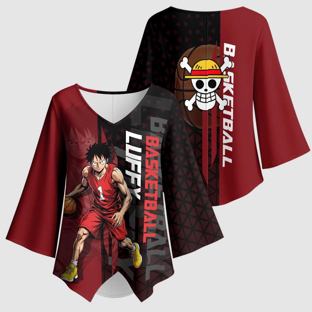 Luffy One Piece Basketball Theme Red and Black Design Kimono Sleeve Blouse with Straw Hat Pirate Logo and Sports Pose - The Mazicc
