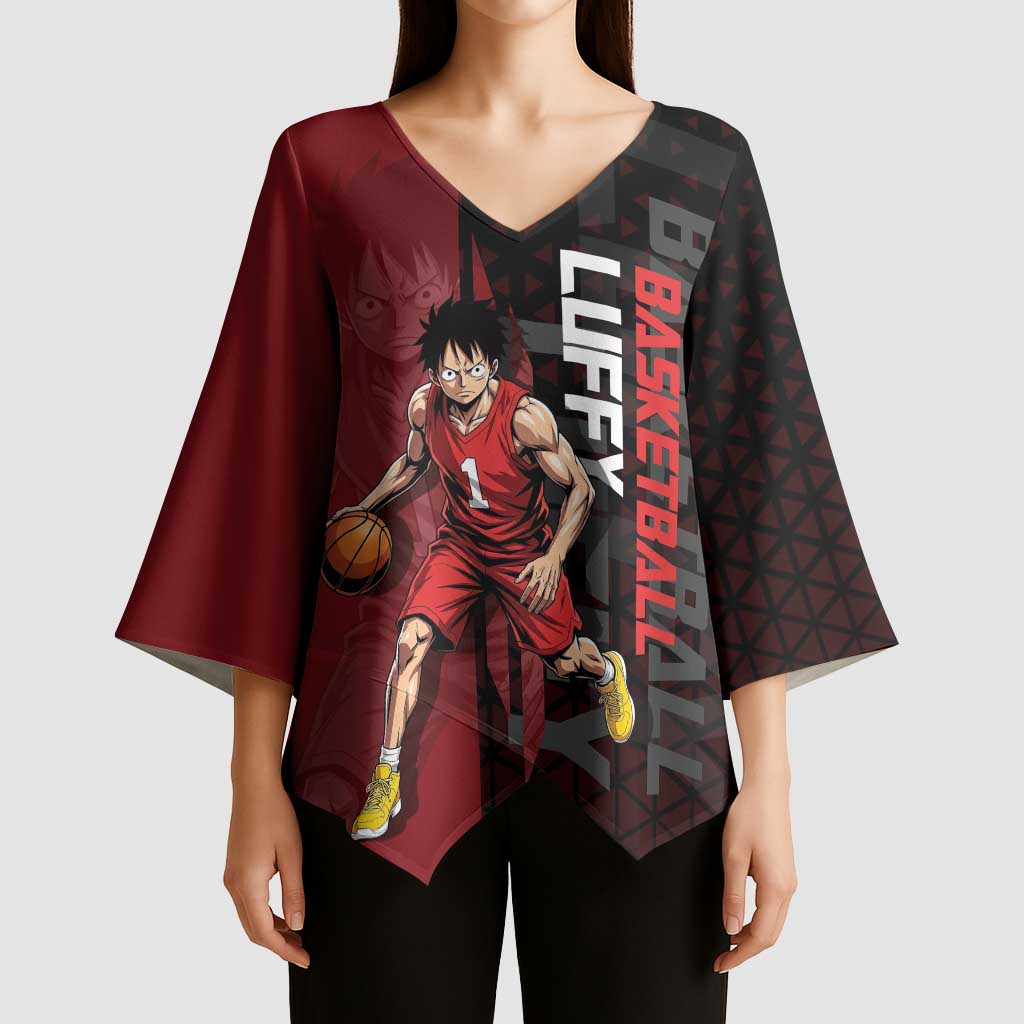 Luffy One Piece Basketball Theme Red and Black Design Kimono Sleeve Blouse with Straw Hat Pirate Logo and Sports Pose - The Mazicc