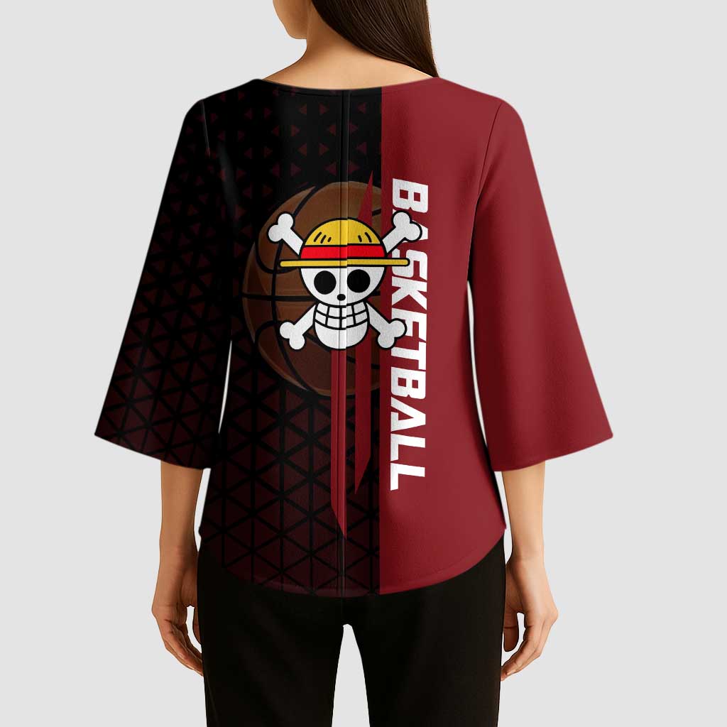 Luffy One Piece Basketball Theme Red and Black Design Kimono Sleeve Blouse with Straw Hat Pirate Logo and Sports Pose - The Mazicc