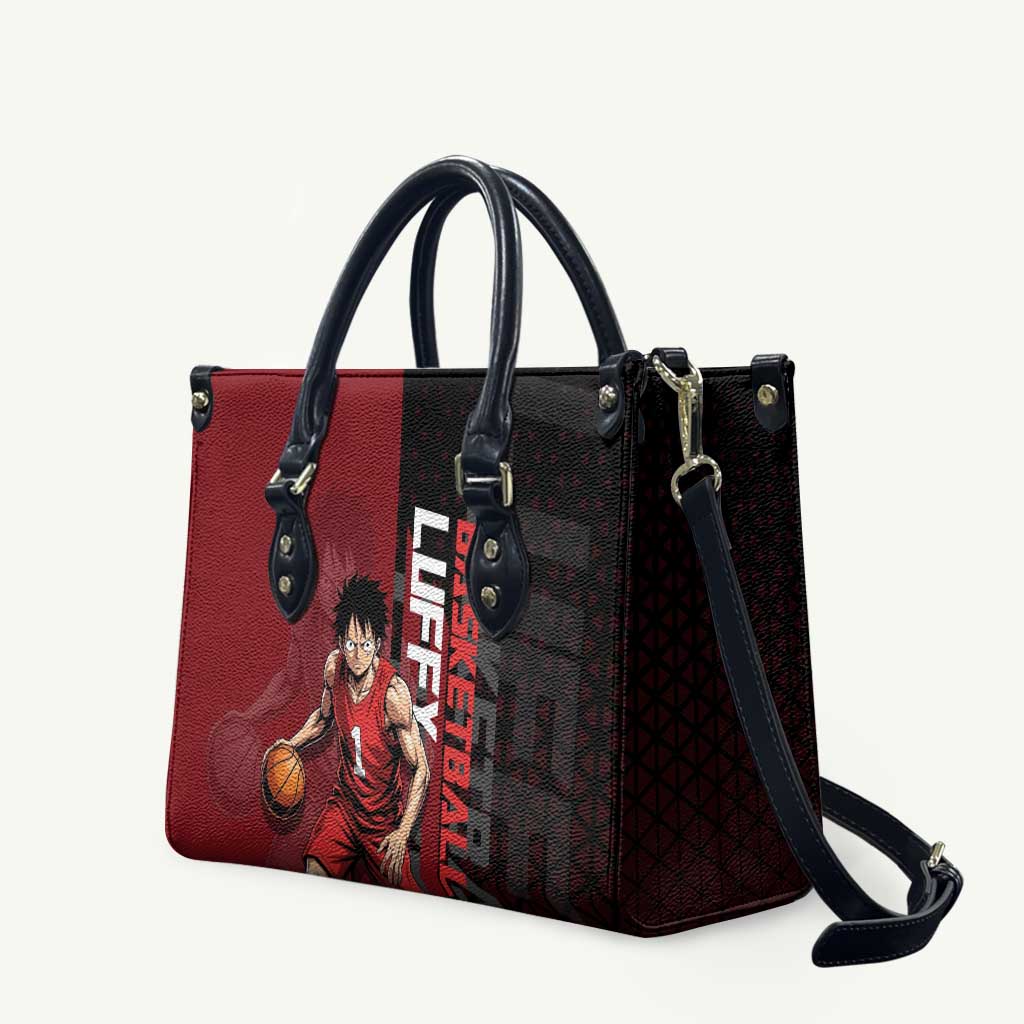 Luffy One Piece Basketball Theme Red and Black Design Leather Bag with Straw Hat Pirate Logo and Sports Pose - The Mazicc