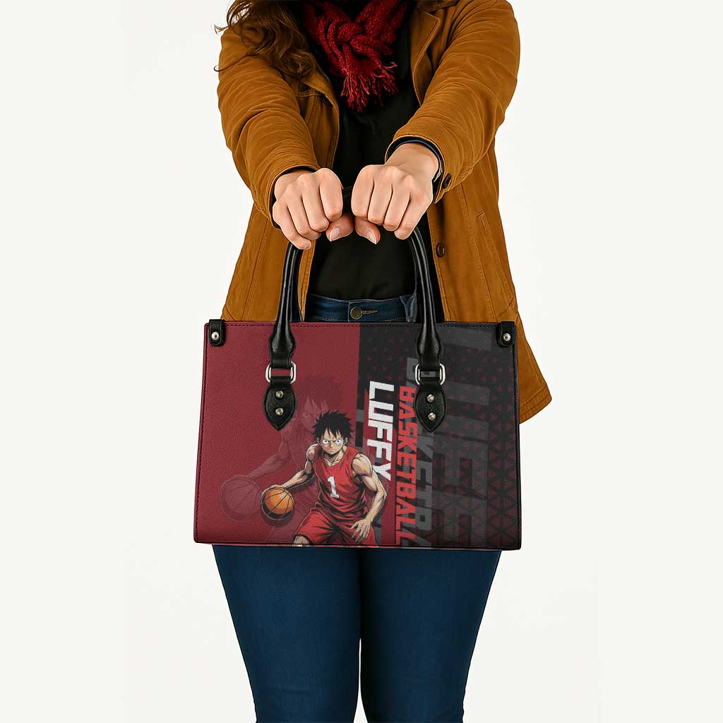 Luffy One Piece Basketball Theme Red and Black Design Leather Bag with Straw Hat Pirate Logo and Sports Pose - The Mazicc