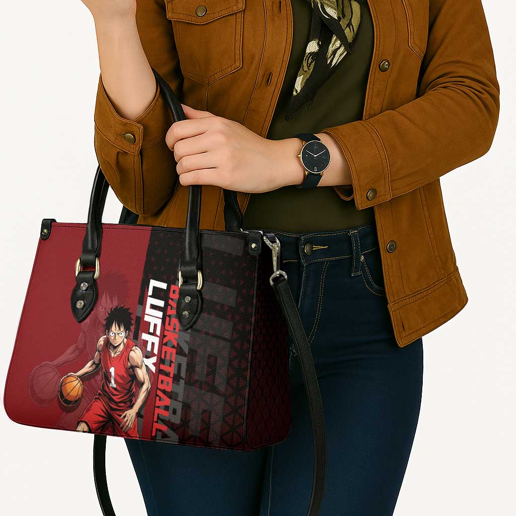 Luffy One Piece Basketball Theme Red and Black Design Leather Bag with Straw Hat Pirate Logo and Sports Pose - The Mazicc