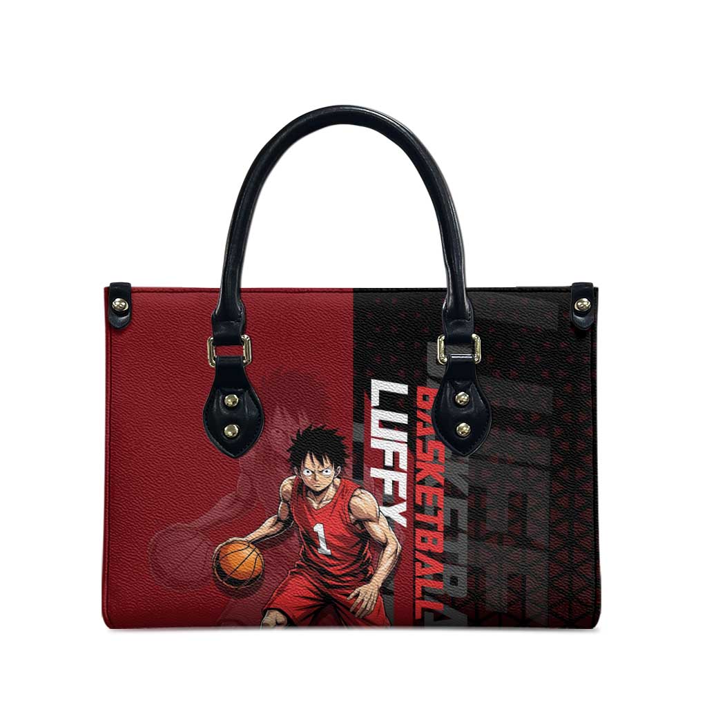 Luffy One Piece Basketball Theme Red and Black Design Leather Bag with Straw Hat Pirate Logo and Sports Pose - The Mazicc