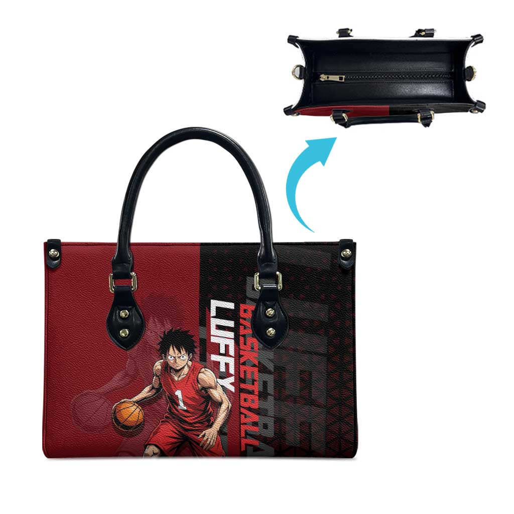 Luffy One Piece Basketball Theme Red and Black Design Leather Bag with Straw Hat Pirate Logo and Sports Pose - The Mazicc