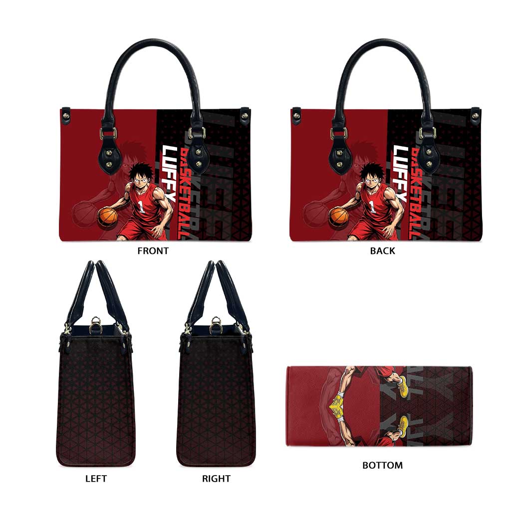 Luffy One Piece Basketball Theme Red and Black Design Leather Bag with Straw Hat Pirate Logo and Sports Pose - The Mazicc