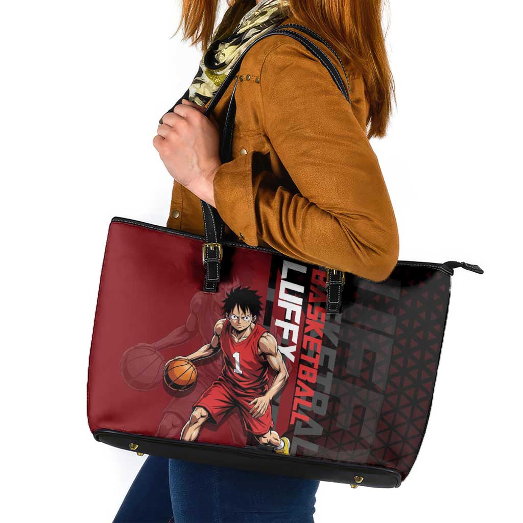 Luffy One Piece Basketball Theme Red and Black Design Leather Tote Bag with Straw Hat Pirate Logo and Sports Pose - The Mazicc