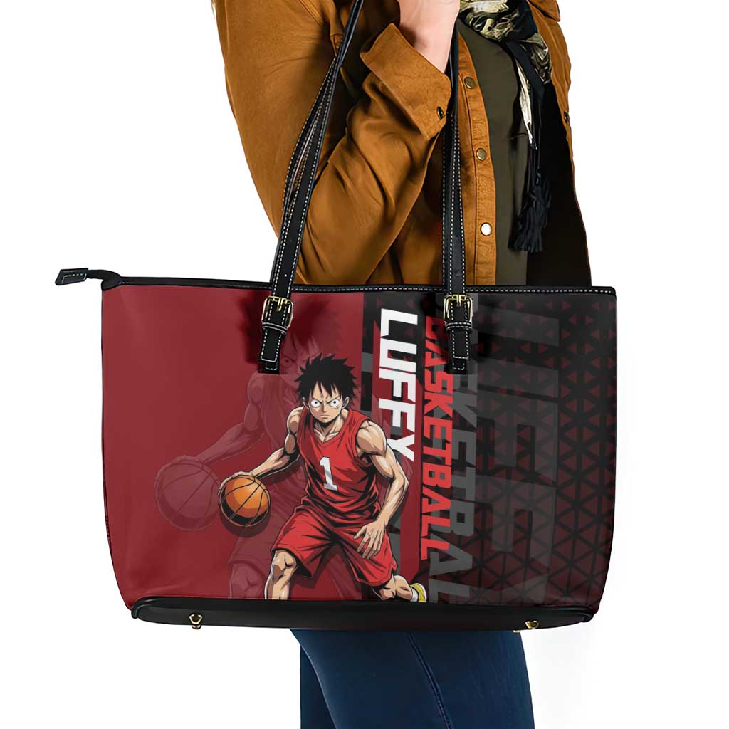Luffy One Piece Basketball Theme Red and Black Design Leather Tote Bag with Straw Hat Pirate Logo and Sports Pose - The Mazicc
