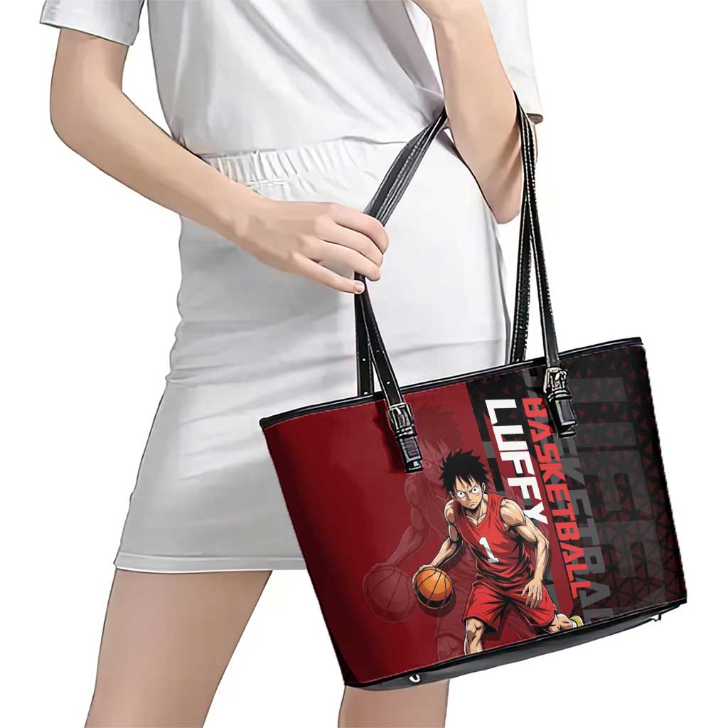 Luffy One Piece Basketball Theme Red and Black Design Leather Tote Bag with Straw Hat Pirate Logo and Sports Pose - The Mazicc