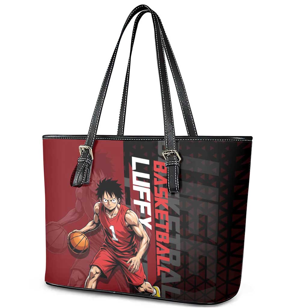 Luffy One Piece Basketball Theme Red and Black Design Leather Tote Bag with Straw Hat Pirate Logo and Sports Pose - The Mazicc