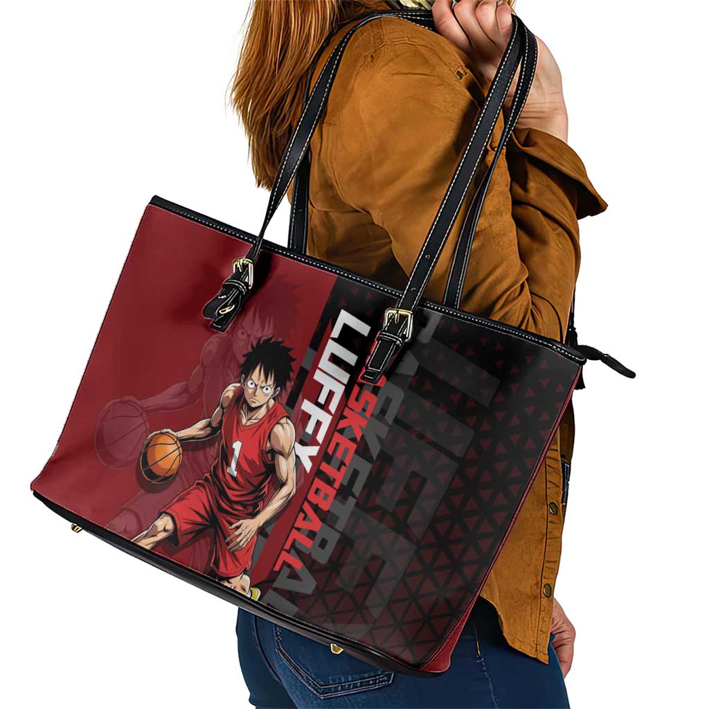 Luffy One Piece Basketball Theme Red and Black Design Leather Tote Bag with Straw Hat Pirate Logo and Sports Pose - The Mazicc
