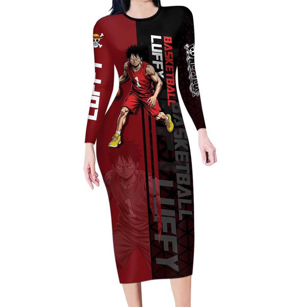 Luffy One Piece Basketball Theme Red and Black Design Long Sleeve Bodycon Dress with Straw Hat Pirate Logo and Sports Pose - The Mazicc