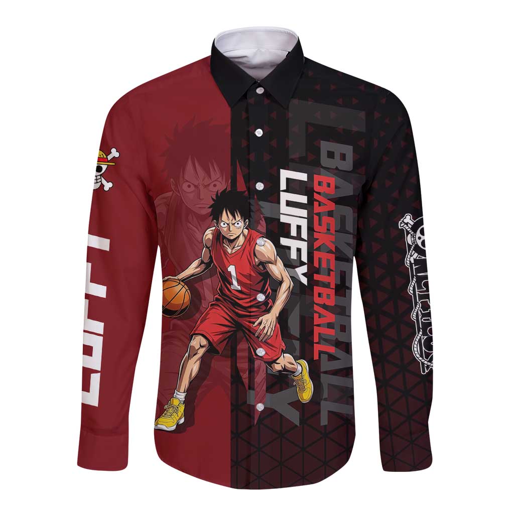 Luffy One Piece Basketball Theme Red and Black Design Long Sleeve Button Shirt with Straw Hat Pirate Logo and Sports Pose - The Mazicc