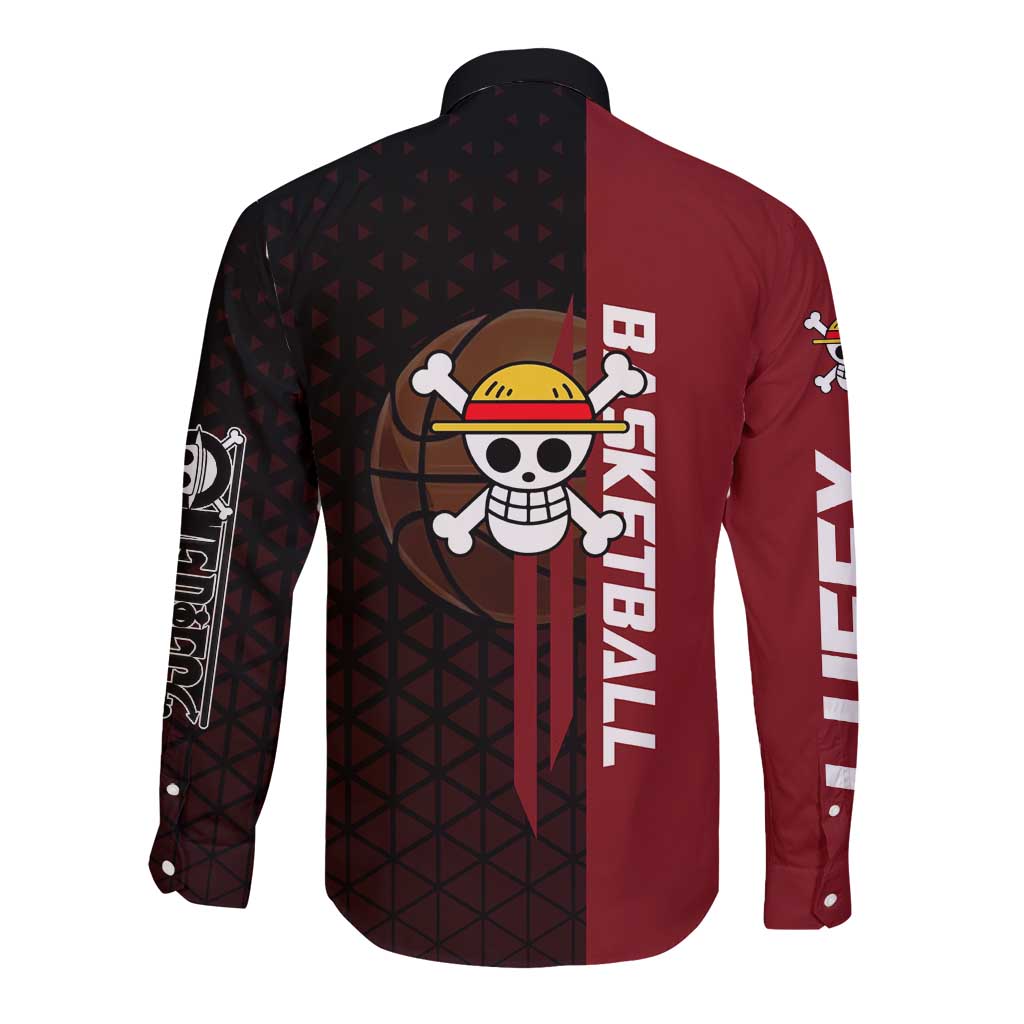 Luffy One Piece Basketball Theme Red and Black Design Long Sleeve Button Shirt with Straw Hat Pirate Logo and Sports Pose - The Mazicc