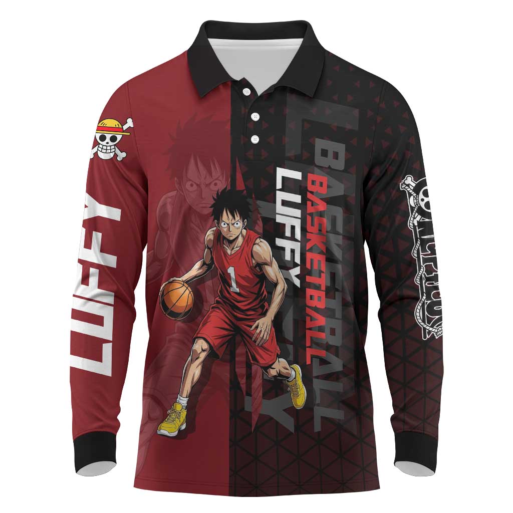 Luffy One Piece Basketball Theme Red and Black Design Long Sleeve Polo Shirt with Straw Hat Pirate Logo and Sports Pose - The Mazicc