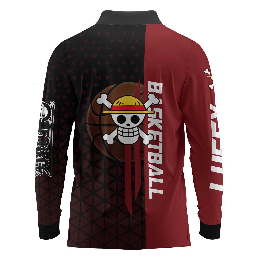 Luffy One Piece Basketball Theme Red and Black Design Long Sleeve Polo Shirt with Straw Hat Pirate Logo and Sports Pose - The Mazicc