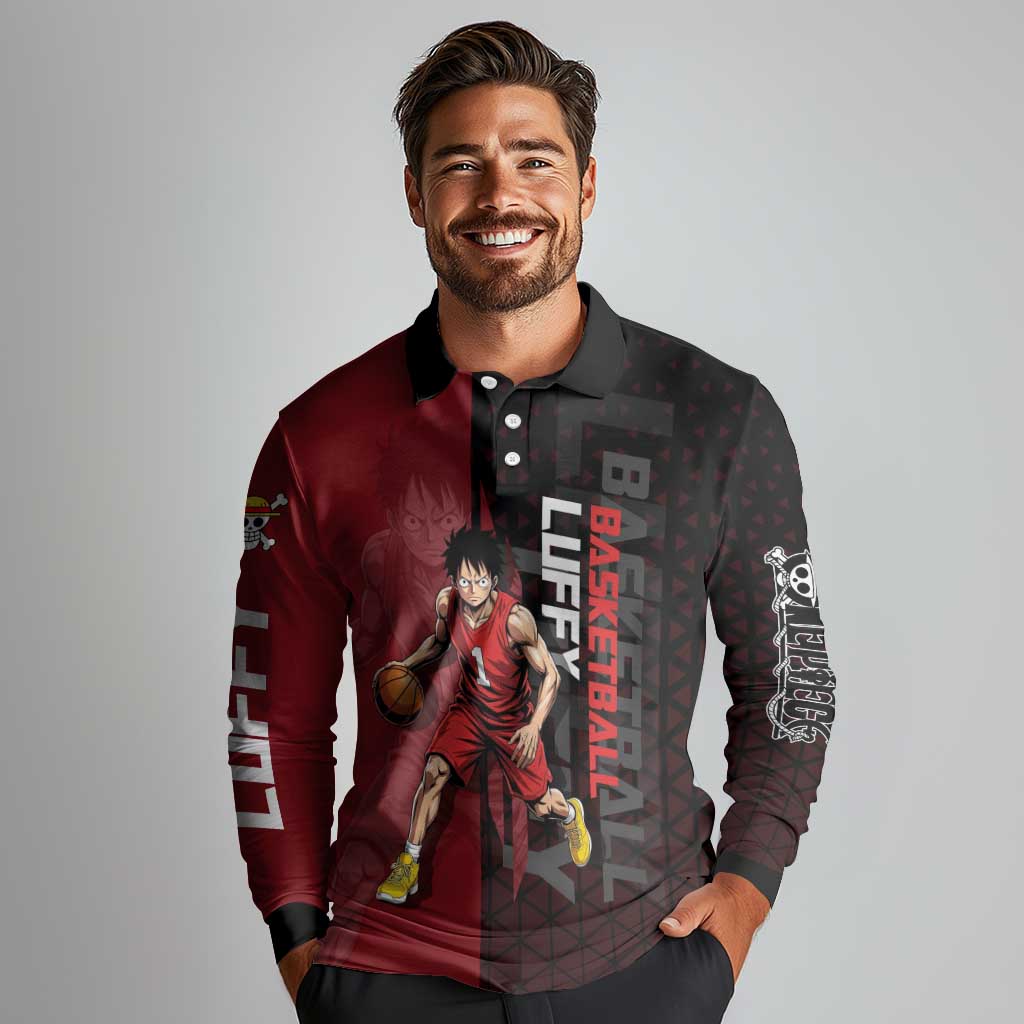 Luffy One Piece Basketball Theme Red and Black Design Long Sleeve Polo Shirt with Straw Hat Pirate Logo and Sports Pose - The Mazicc