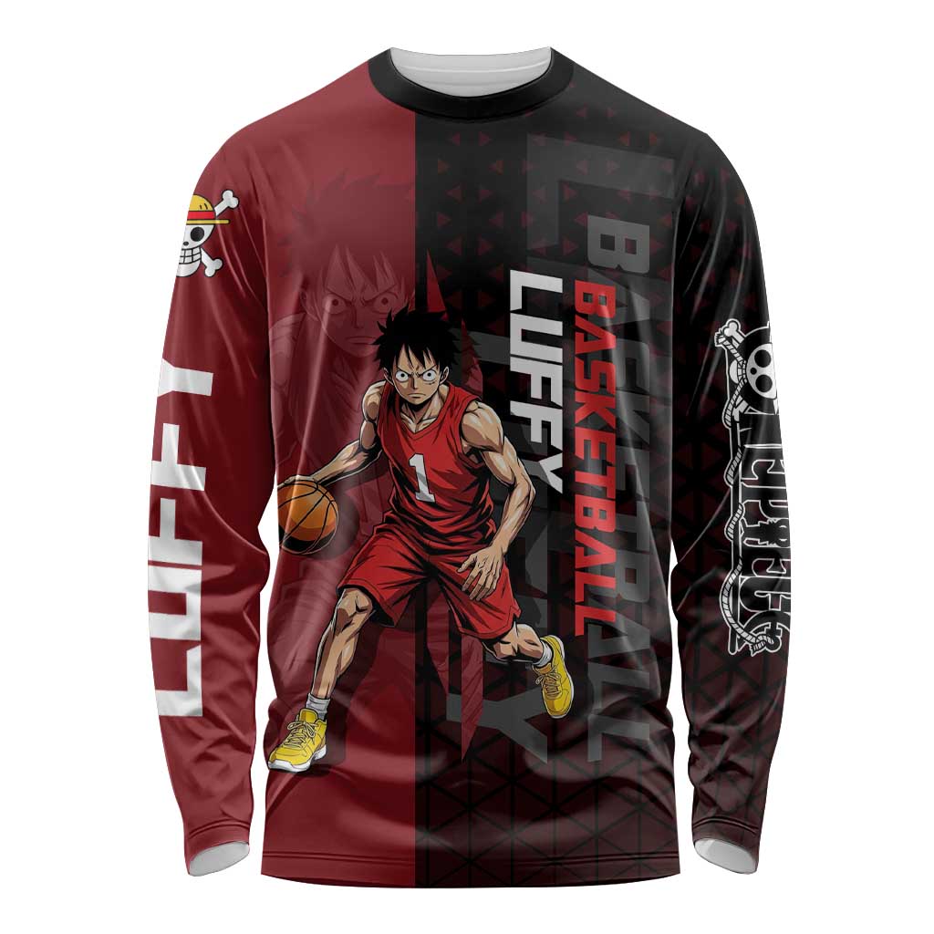 Luffy One Piece Basketball Theme Red and Black Design Long Sleeve Shirt with Straw Hat Pirate Logo and Sports Pose - The Mazicc