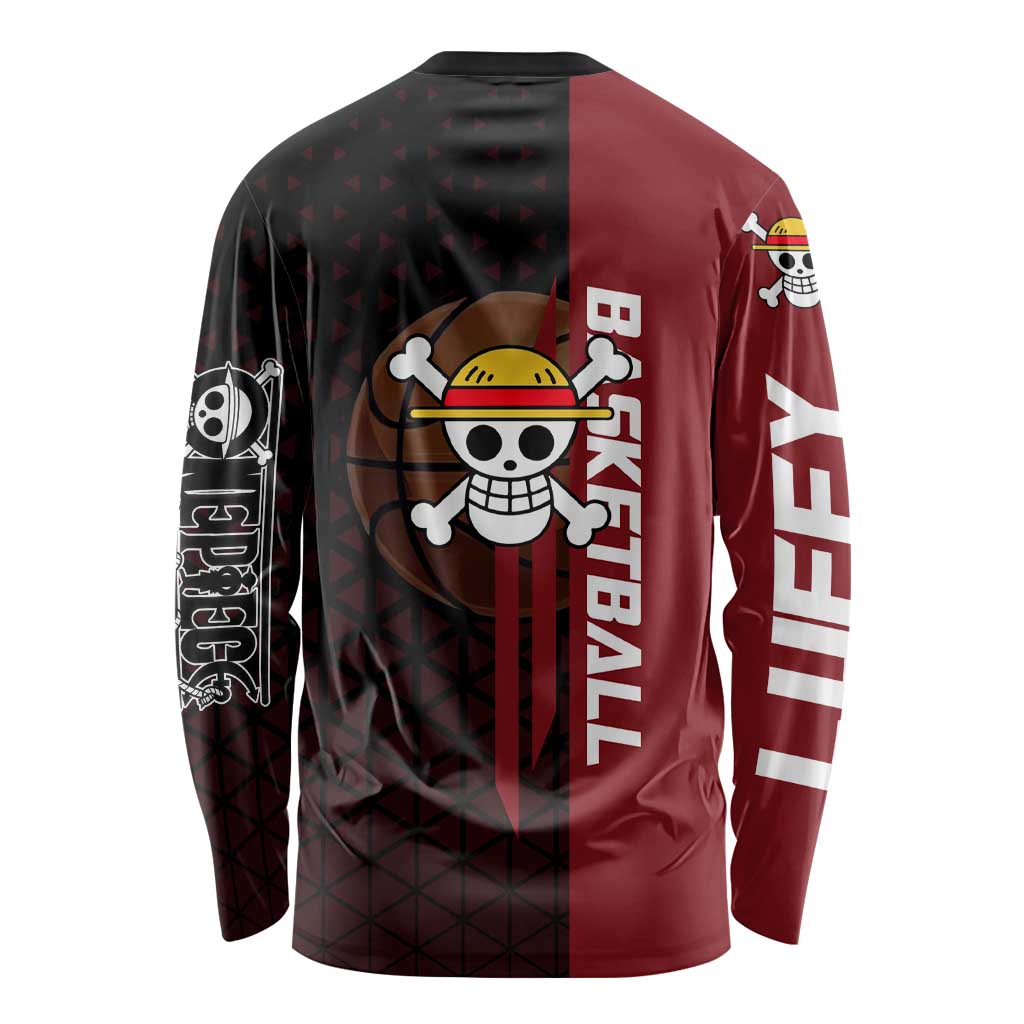 Luffy One Piece Basketball Theme Red and Black Design Long Sleeve Shirt with Straw Hat Pirate Logo and Sports Pose - The Mazicc