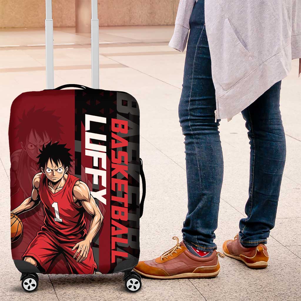 Luffy One Piece Basketball Theme Red and Black Design Luggage Cover with Straw Hat Pirate Logo and Sports Pose - The Mazicc
