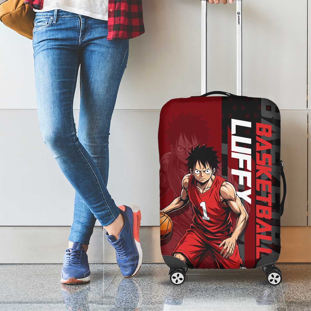 Luffy One Piece Basketball Theme Red and Black Design Luggage Cover with Straw Hat Pirate Logo and Sports Pose - The Mazicc