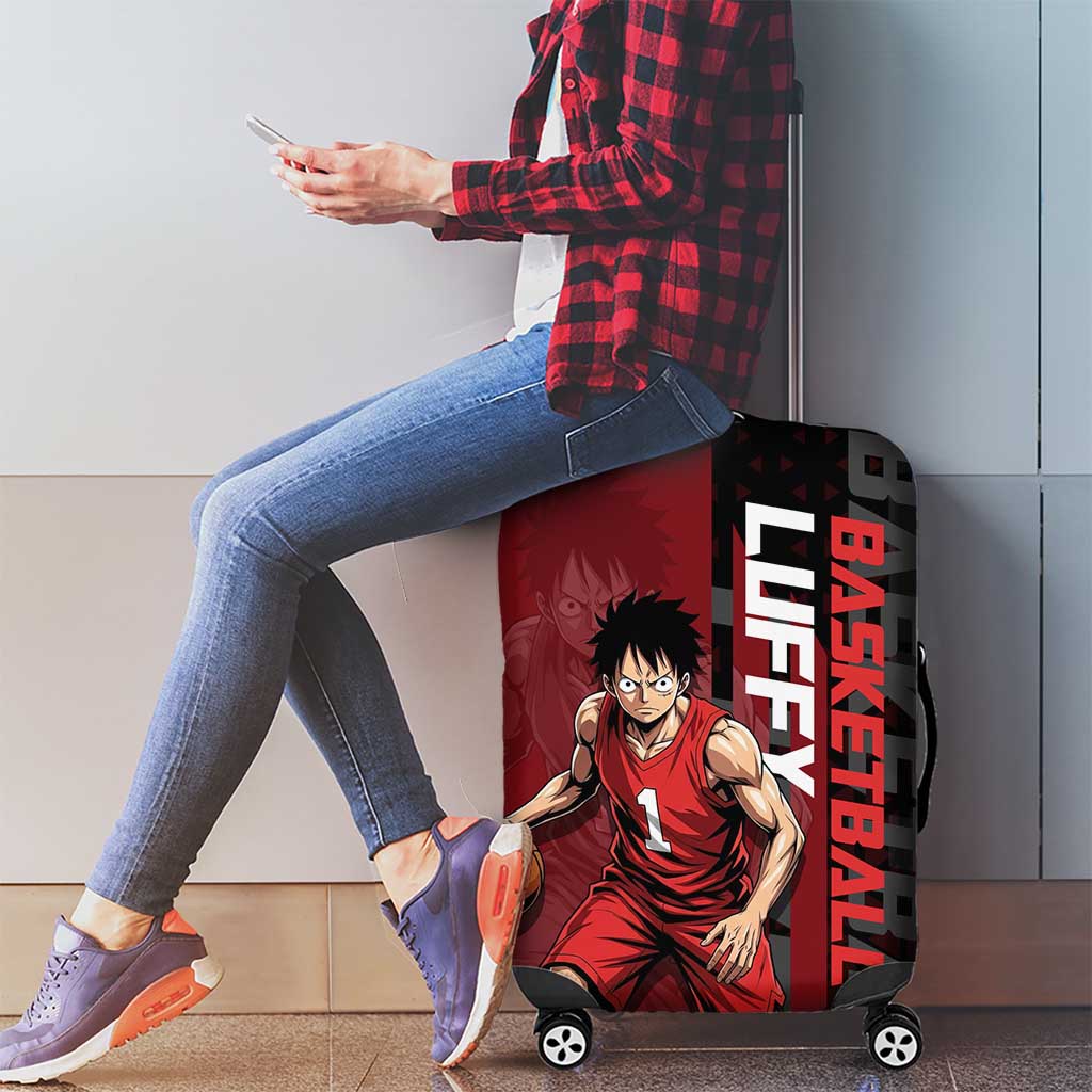 Luffy One Piece Basketball Theme Red and Black Design Luggage Cover with Straw Hat Pirate Logo and Sports Pose - The Mazicc