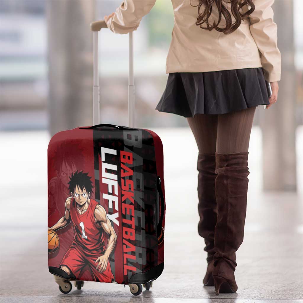 Luffy One Piece Basketball Theme Red and Black Design Luggage Cover with Straw Hat Pirate Logo and Sports Pose - The Mazicc
