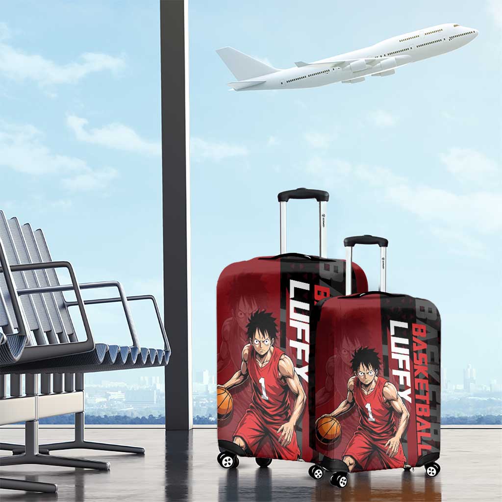 Luffy One Piece Basketball Theme Red and Black Design Luggage Cover with Straw Hat Pirate Logo and Sports Pose - The Mazicc