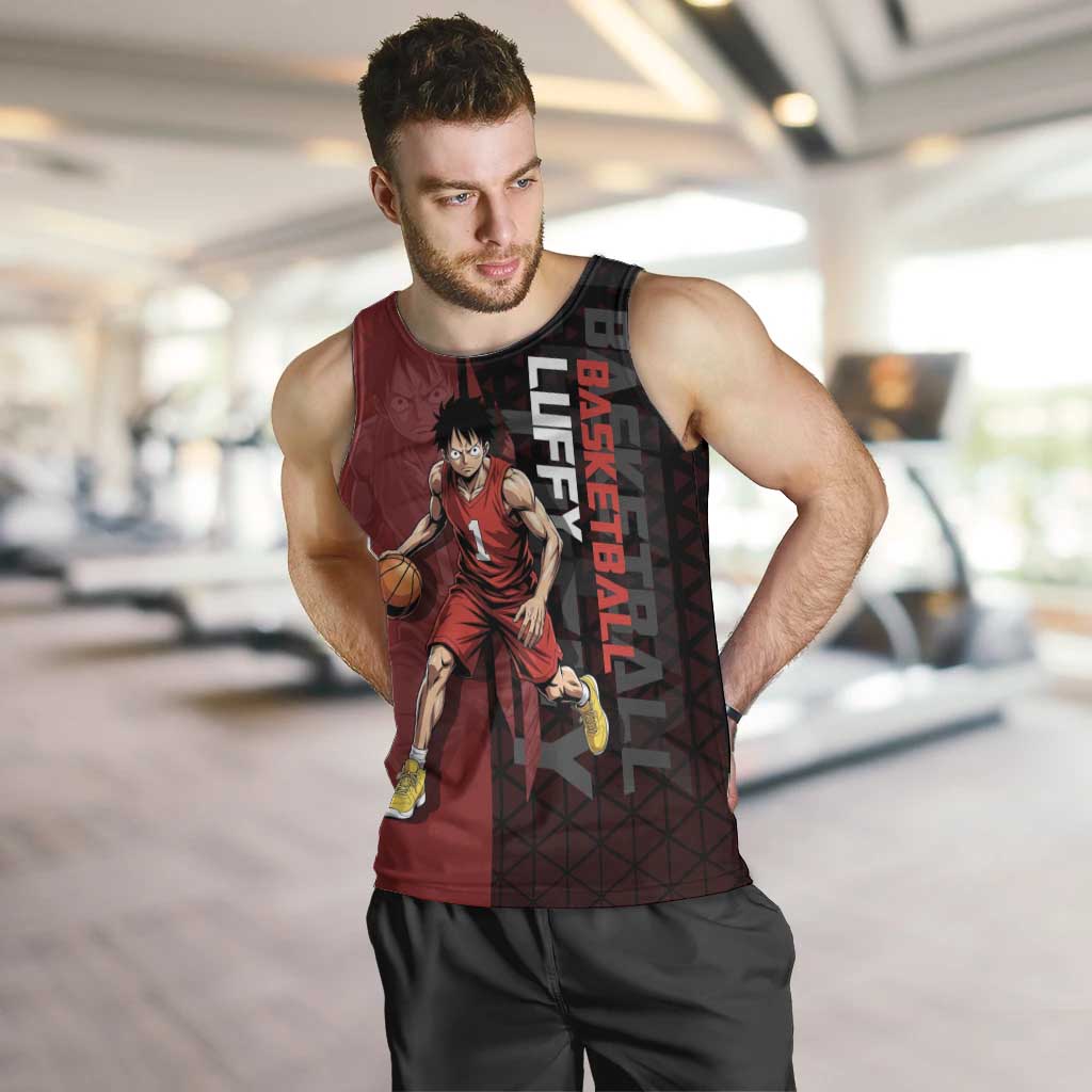 Luffy One Piece Basketball Theme Red and Black Design Men Tank Top with Straw Hat Pirate Logo and Sports Pose - The Mazicc