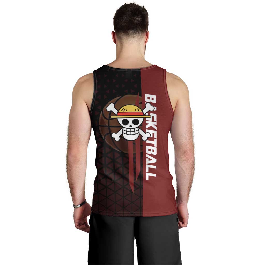 Luffy One Piece Basketball Theme Red and Black Design Men Tank Top with Straw Hat Pirate Logo and Sports Pose - The Mazicc