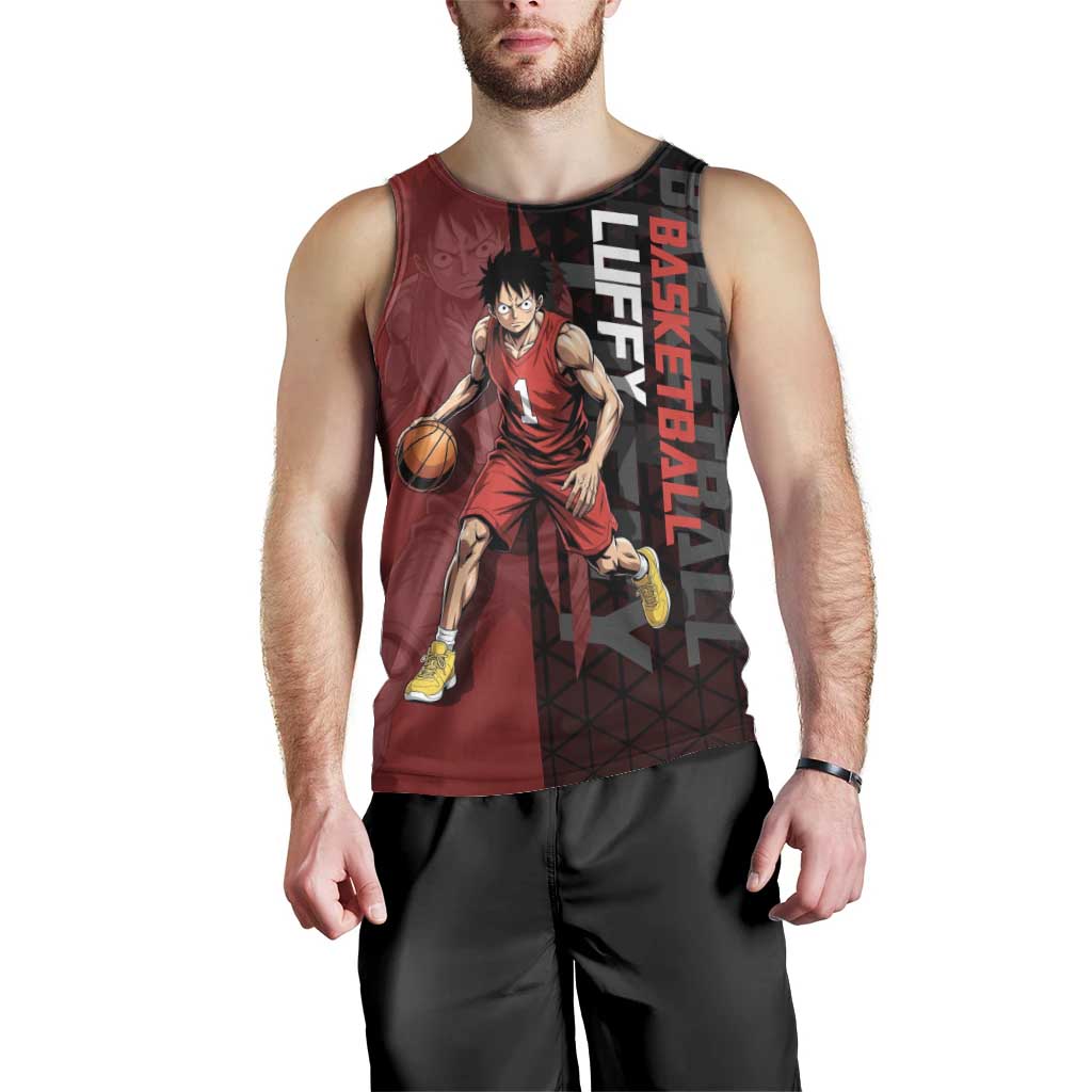 Luffy One Piece Basketball Theme Red and Black Design Men Tank Top with Straw Hat Pirate Logo and Sports Pose - The Mazicc