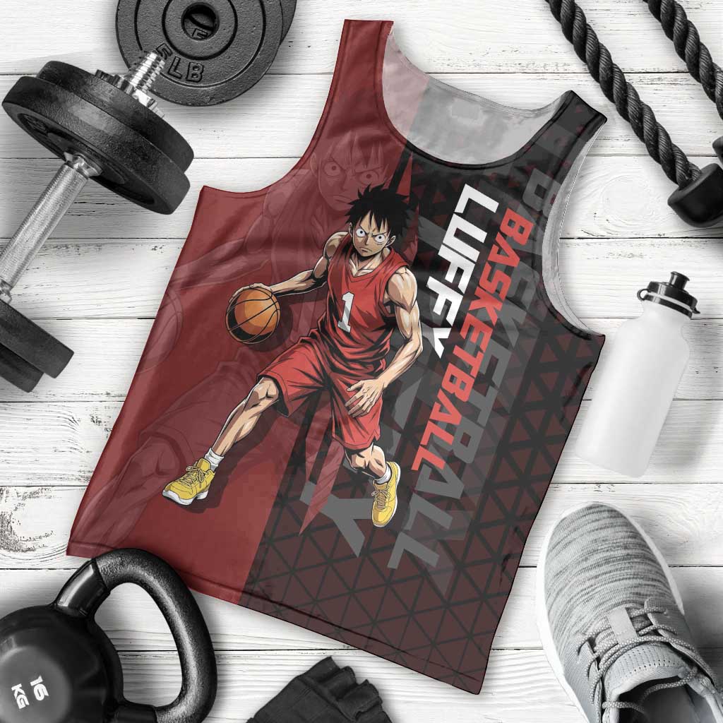 Luffy One Piece Basketball Theme Red and Black Design Men Tank Top with Straw Hat Pirate Logo and Sports Pose - The Mazicc