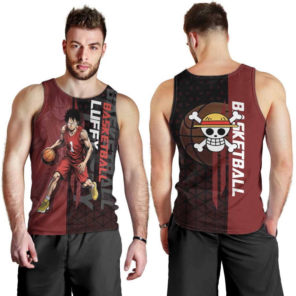 Luffy One Piece Basketball Theme Red and Black Design Men Tank Top with Straw Hat Pirate Logo and Sports Pose - The Mazicc