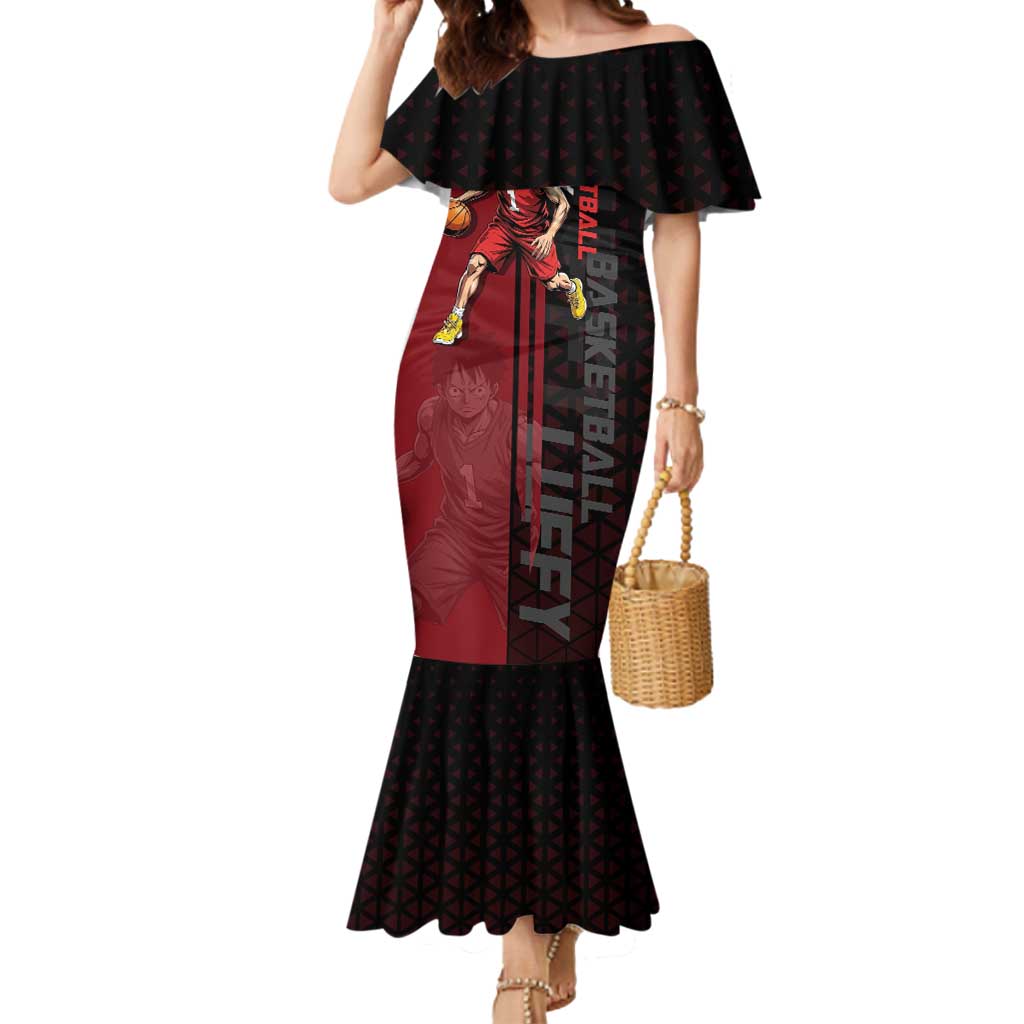 Luffy One Piece Basketball Theme Red and Black Design Mermaid Dress with Straw Hat Pirate Logo and Sports Pose - The Mazicc