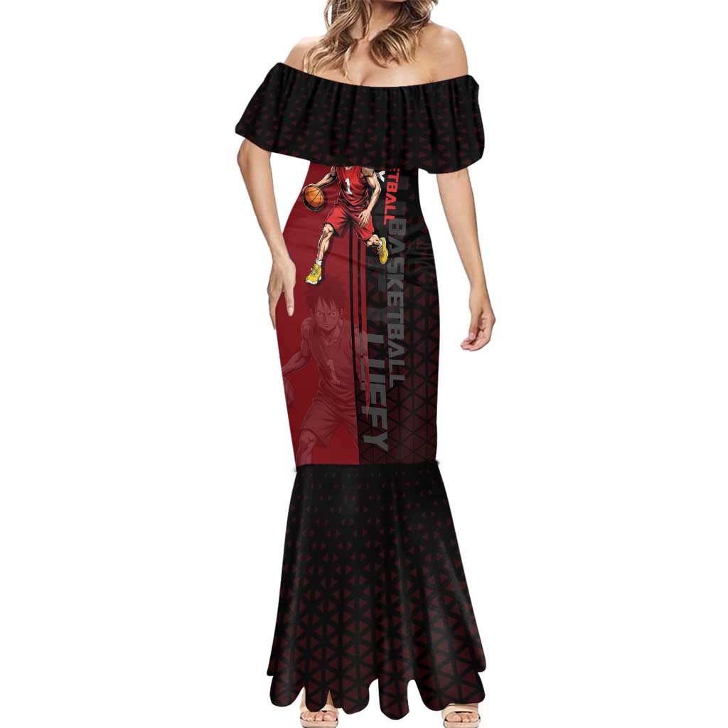 Luffy One Piece Basketball Theme Red and Black Design Mermaid Dress with Straw Hat Pirate Logo and Sports Pose - The Mazicc