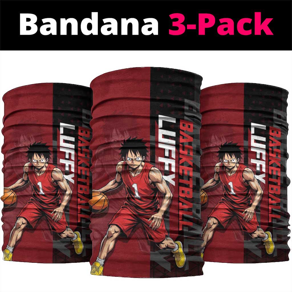 Luffy One Piece Basketball Theme Red and Black Design Neck Gaiter with Straw Hat Pirate Logo and Sports Pose - The Mazicc