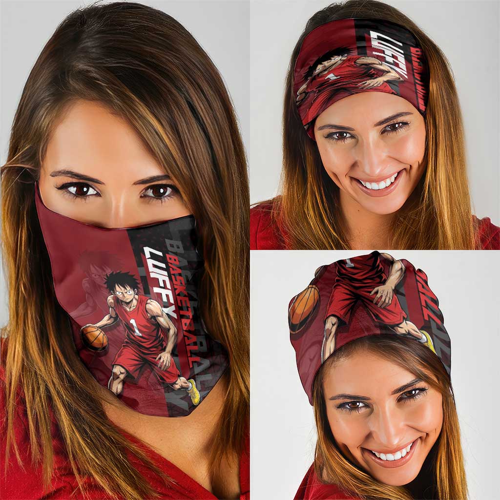 Luffy One Piece Basketball Theme Red and Black Design Neck Gaiter with Straw Hat Pirate Logo and Sports Pose - The Mazicc