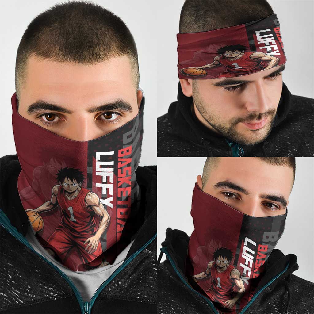 Luffy One Piece Basketball Theme Red and Black Design Neck Gaiter with Straw Hat Pirate Logo and Sports Pose - The Mazicc