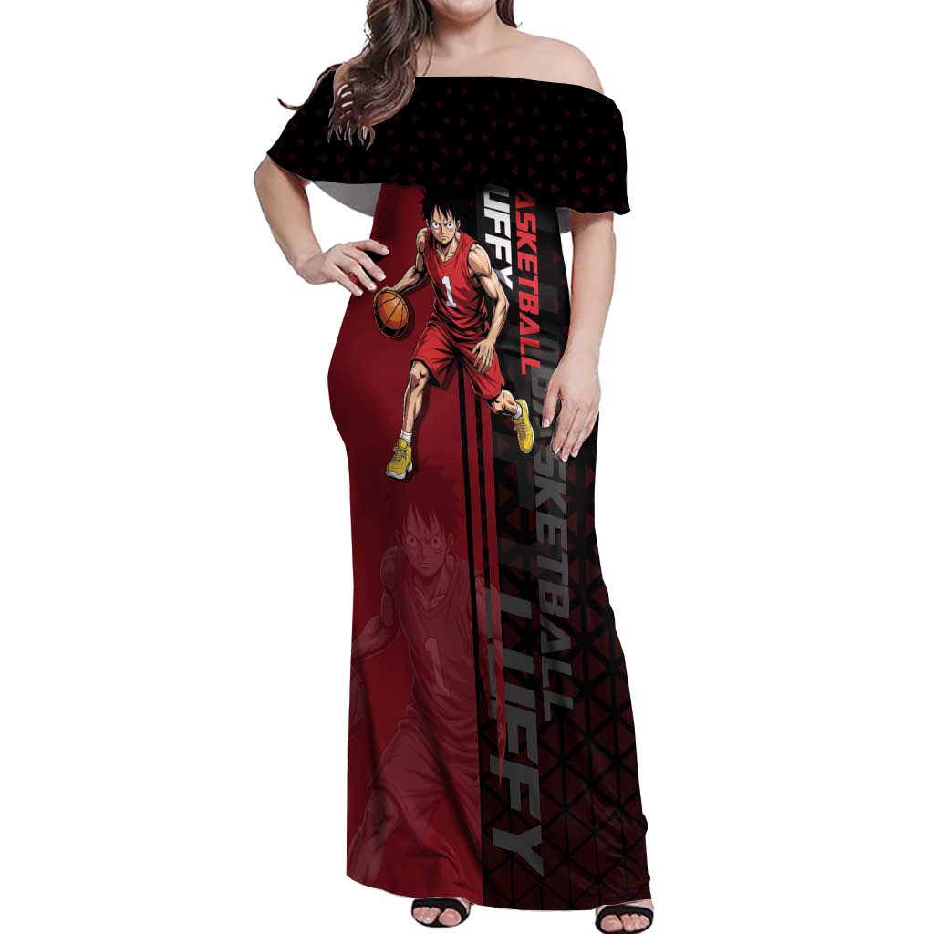Luffy One Piece Basketball Theme Red and Black Design Off Shoulder Maxi Dress with Straw Hat Pirate Logo and Sports Pose - The Mazicc