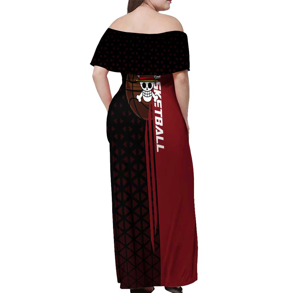 Luffy One Piece Basketball Theme Red and Black Design Off Shoulder Maxi Dress with Straw Hat Pirate Logo and Sports Pose - The Mazicc