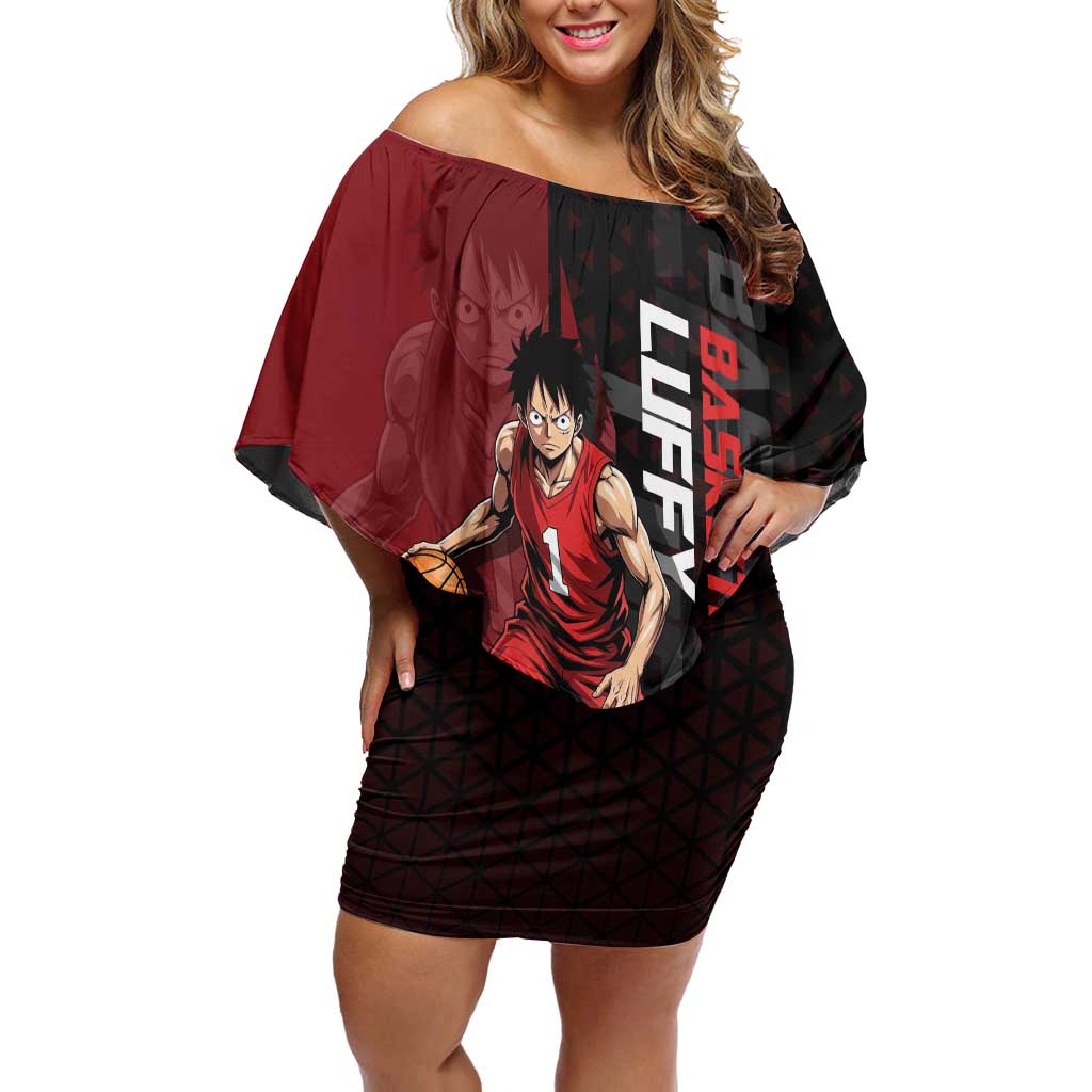 Luffy One Piece Basketball Theme Red and Black Design Off Shoulder Short Dress with Straw Hat Pirate Logo and Sports Pose - The Mazicc