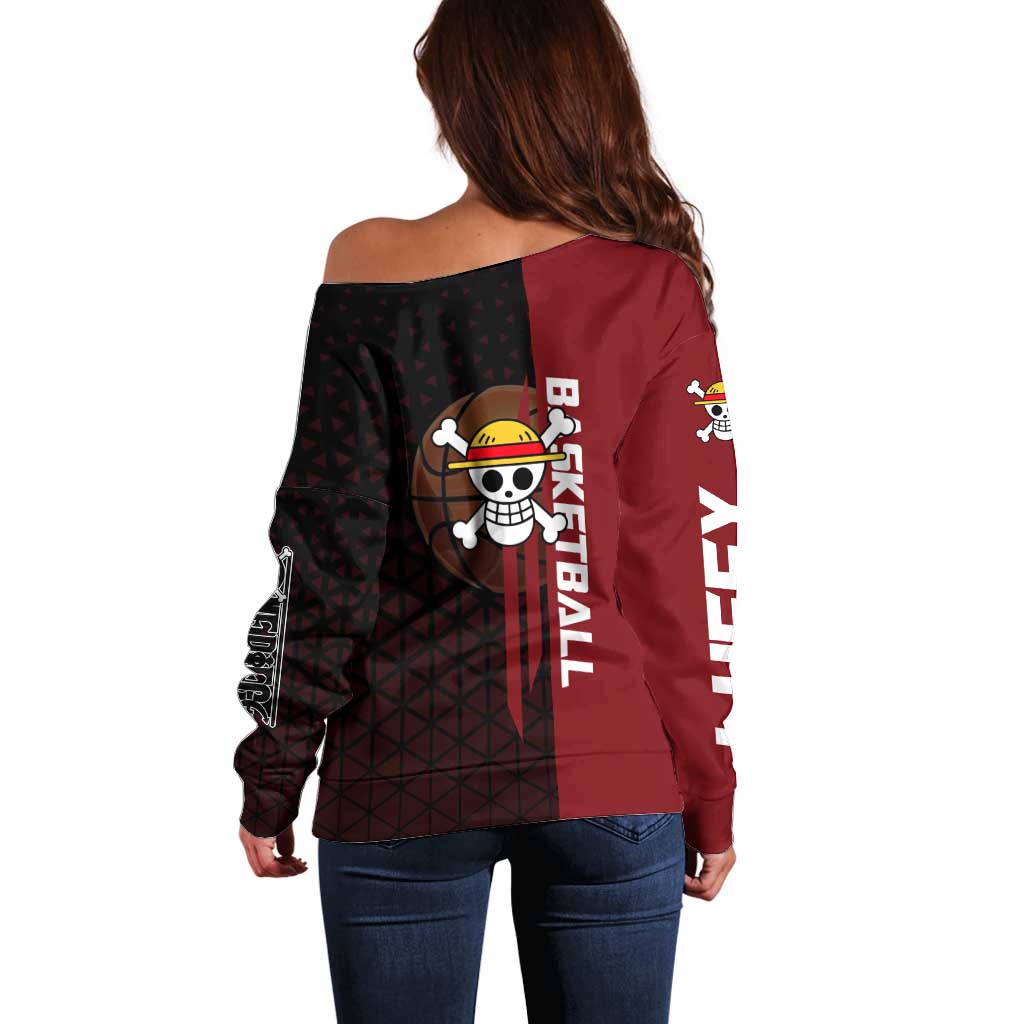 Luffy One Piece Basketball Theme Red and Black Design Off Shoulder Sweater with Straw Hat Pirate Logo and Sports Pose - The Mazicc