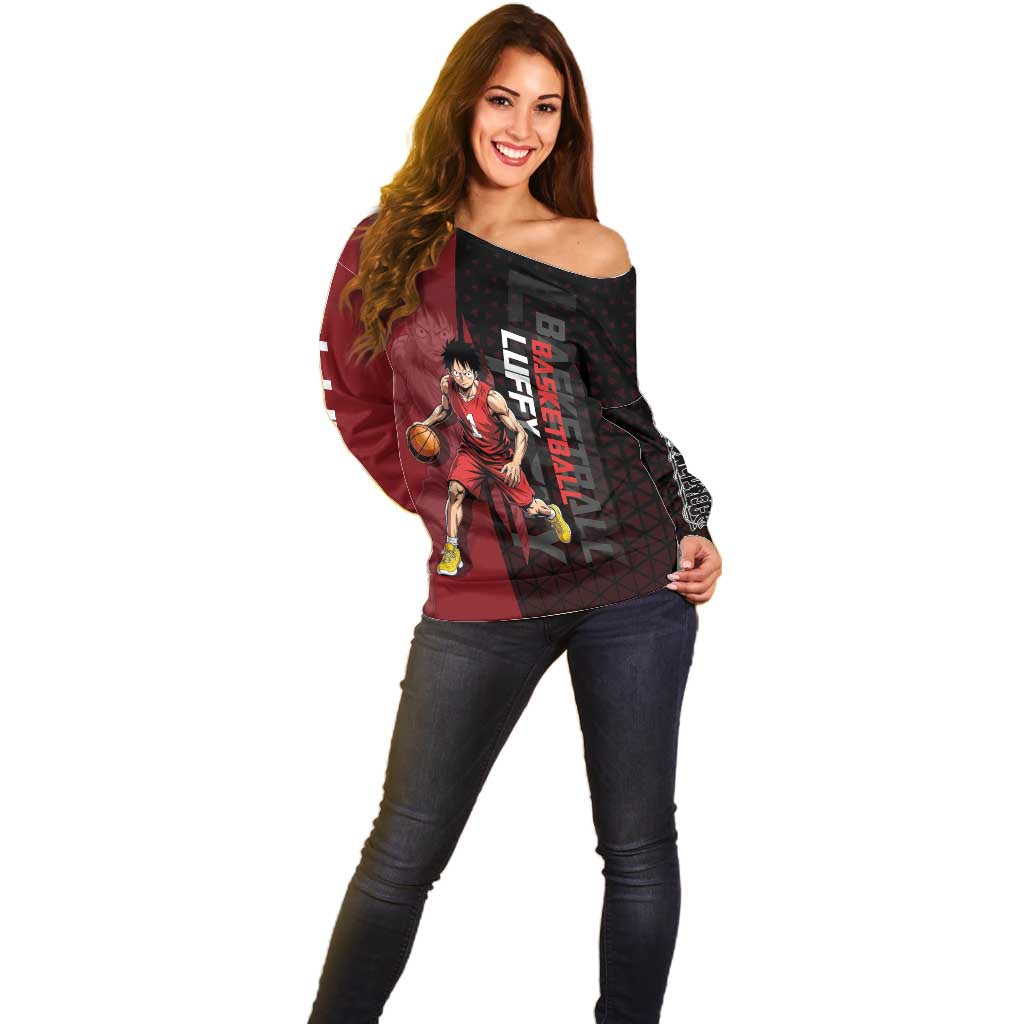Luffy One Piece Basketball Theme Red and Black Design Off Shoulder Sweater with Straw Hat Pirate Logo and Sports Pose - The Mazicc