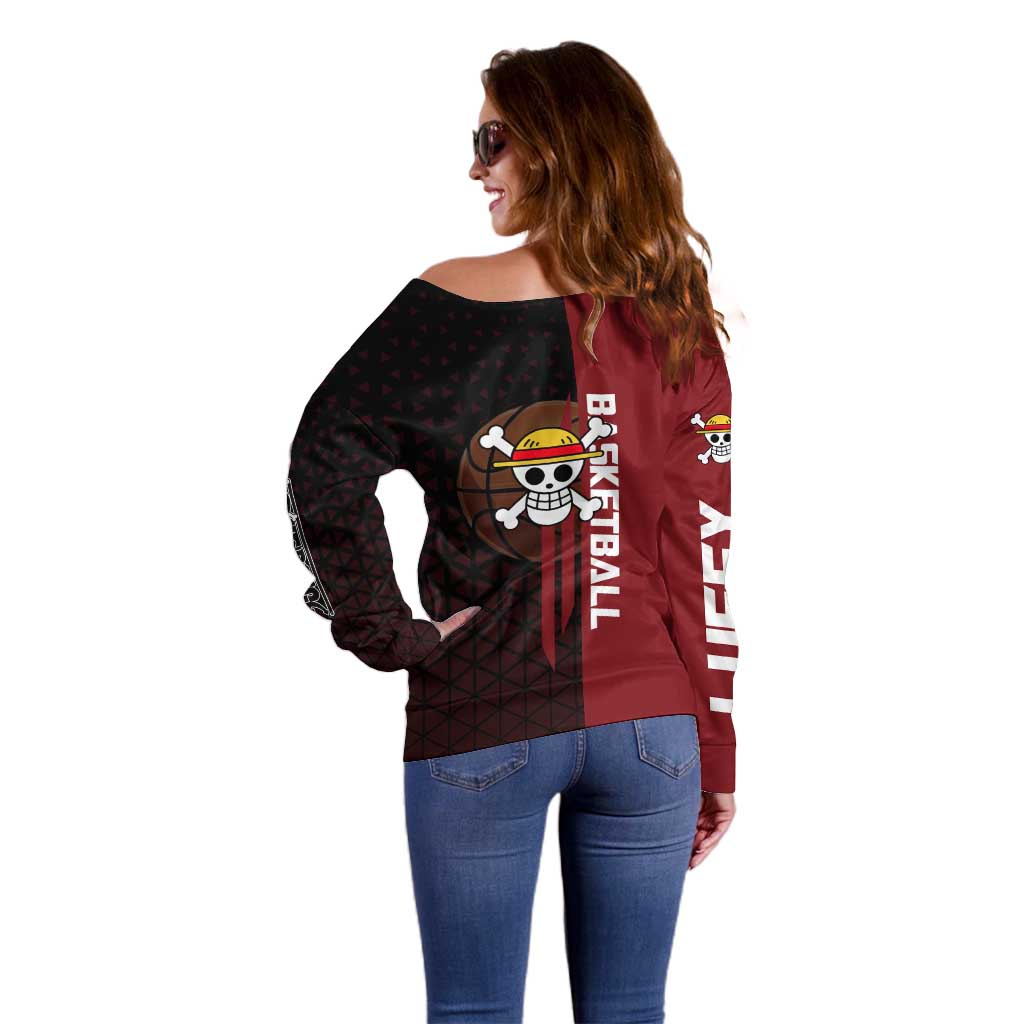Luffy One Piece Basketball Theme Red and Black Design Off Shoulder Sweater with Straw Hat Pirate Logo and Sports Pose - The Mazicc