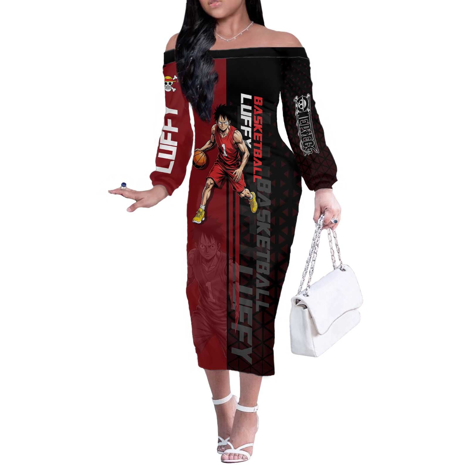 Luffy One Piece Basketball Theme Red and Black Design Off The Shoulder Long Sleeve Dress with Straw Hat Pirate Logo and Sports Pose - The Mazicc