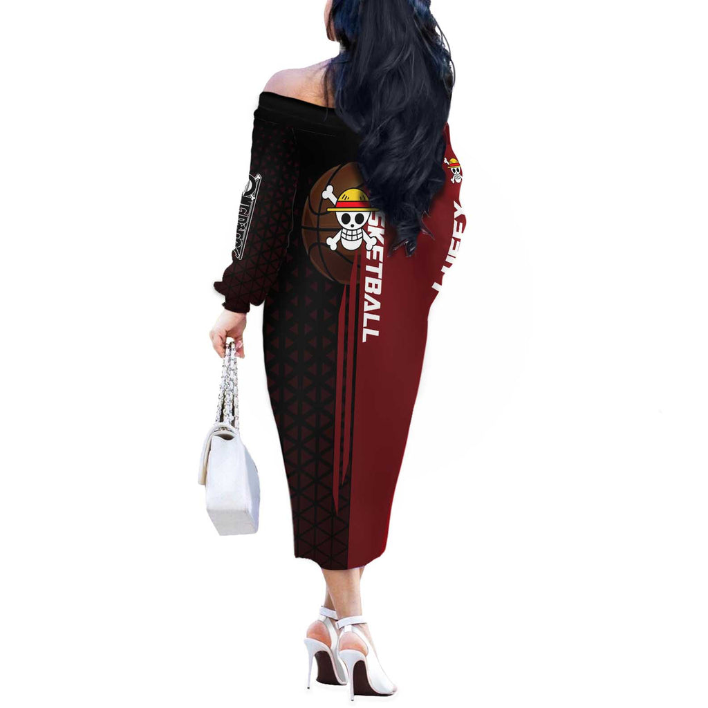 Luffy One Piece Basketball Theme Red and Black Design Off The Shoulder Long Sleeve Dress with Straw Hat Pirate Logo and Sports Pose - The Mazicc