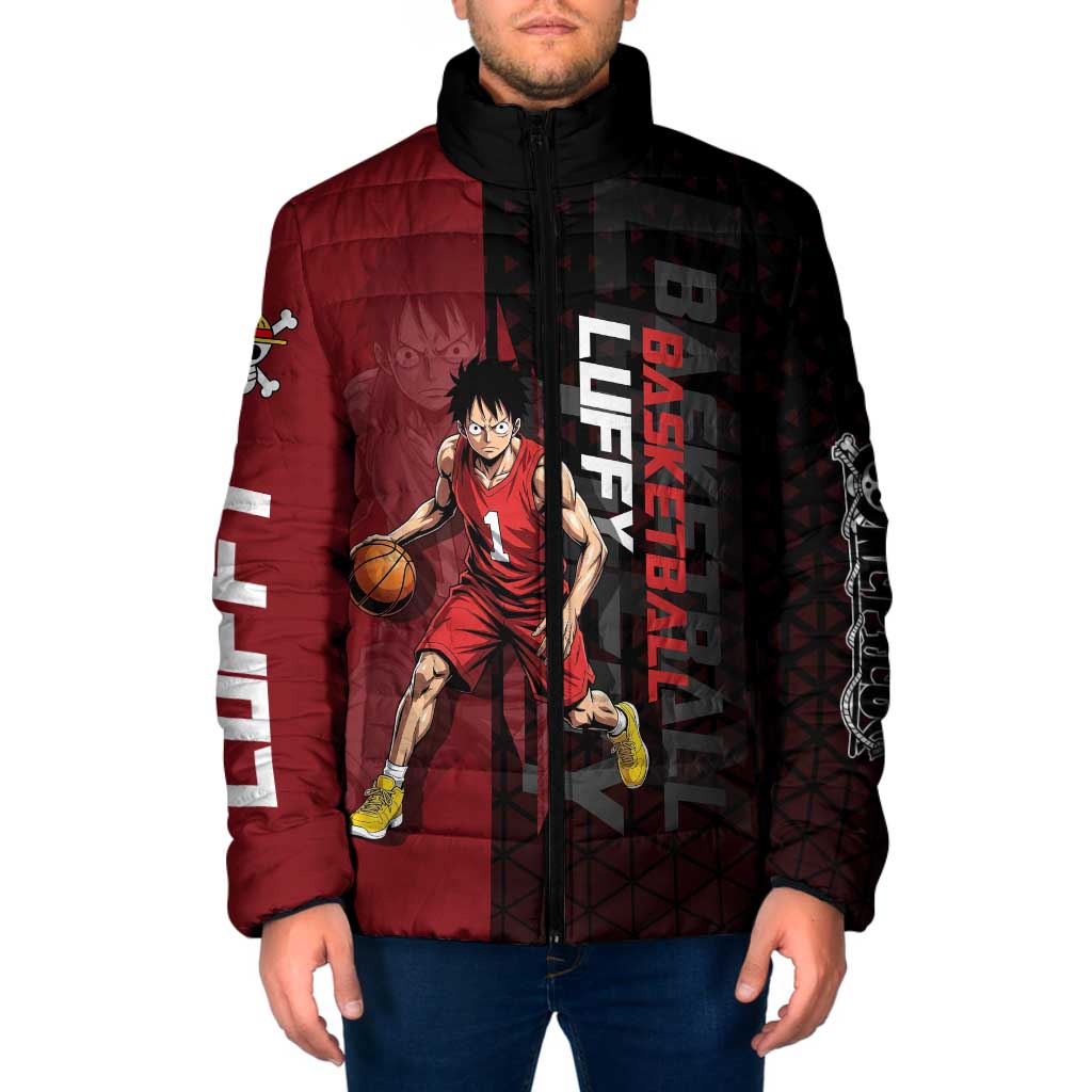Luffy One Piece Basketball Theme Red and Black Design Padded Jacket with Straw Hat Pirate Logo and Sports Pose - The Mazicc