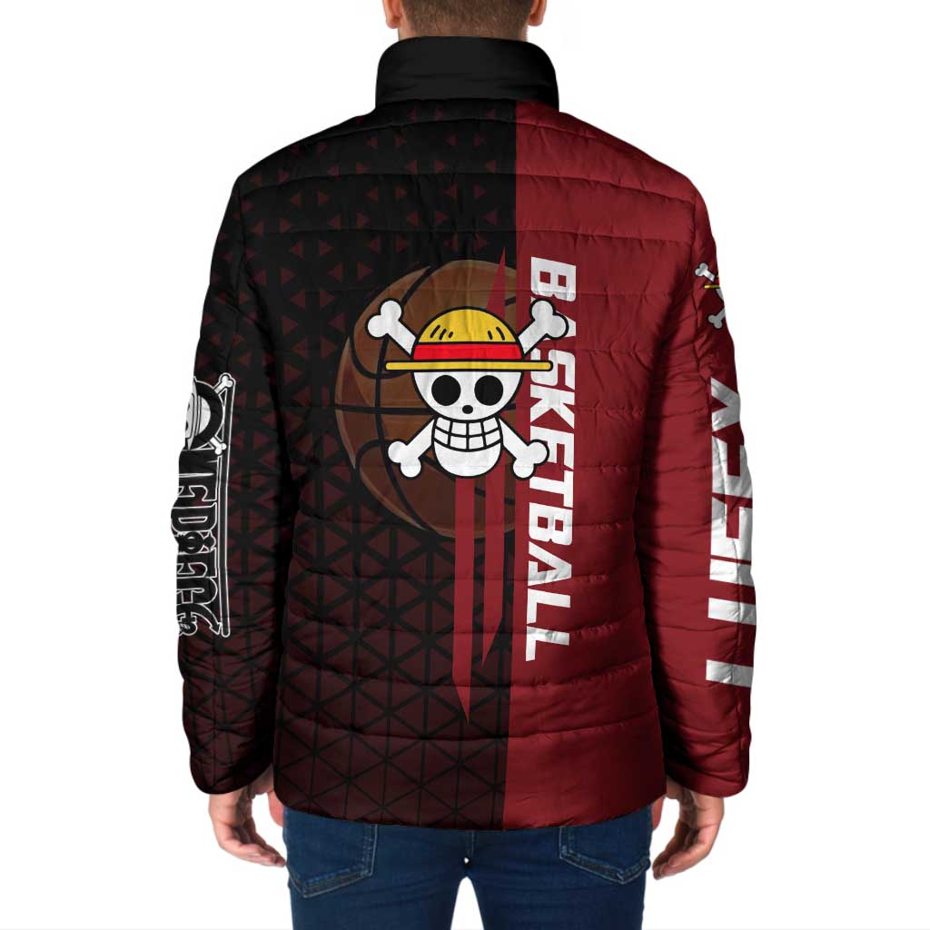 Luffy One Piece Basketball Theme Red and Black Design Padded Jacket with Straw Hat Pirate Logo and Sports Pose - The Mazicc
